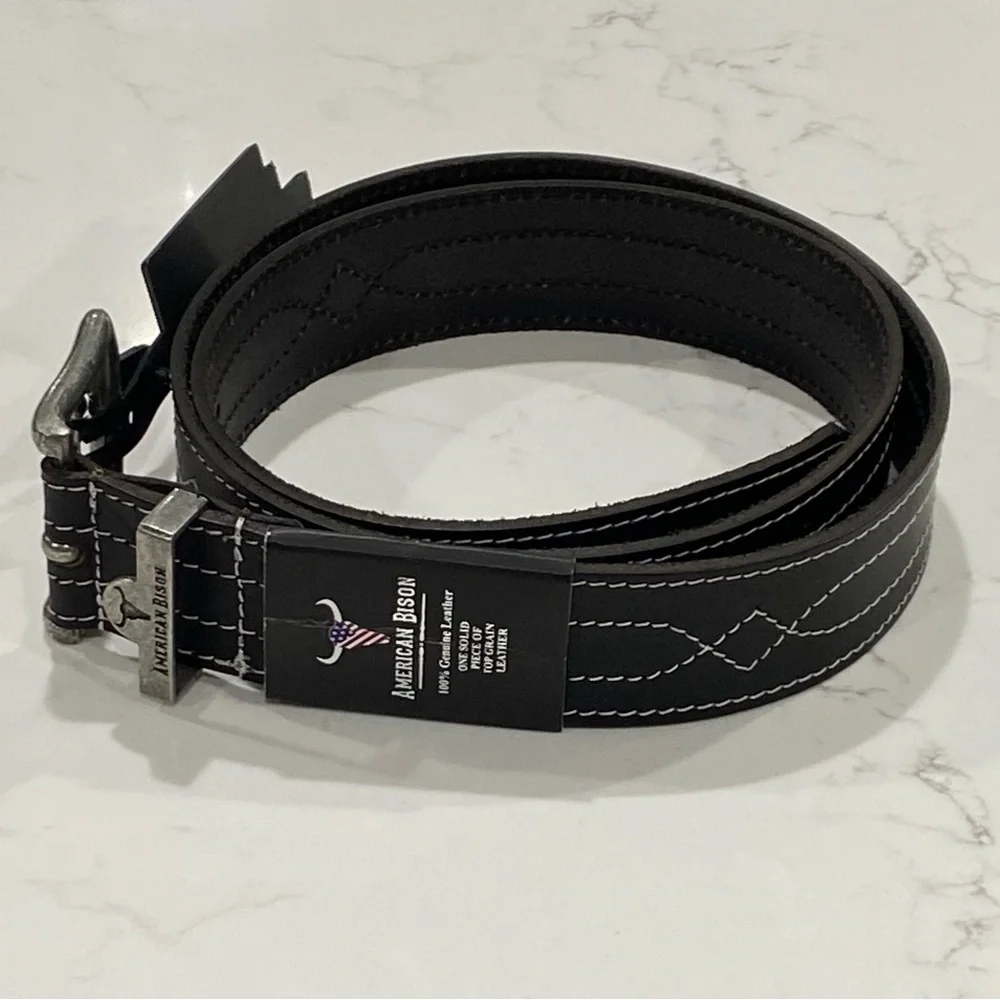 American Bison Black 100% Genuine Leather Stitched Western Belt Men’s Sz 40 NWT